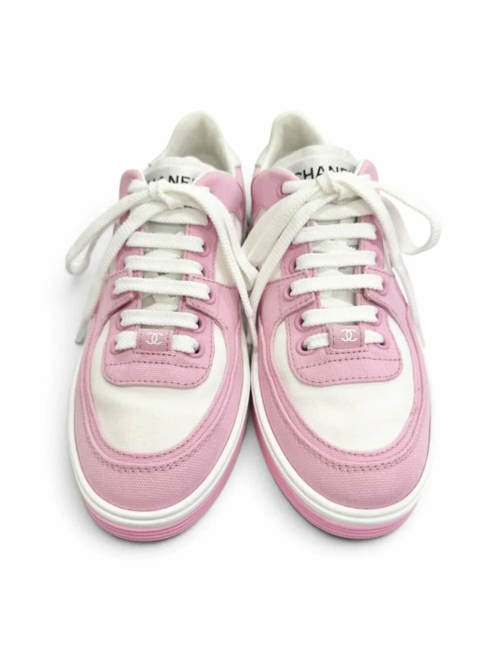 Chanel Canvas Leather CC Logo Bicolor Sneakers Pink White